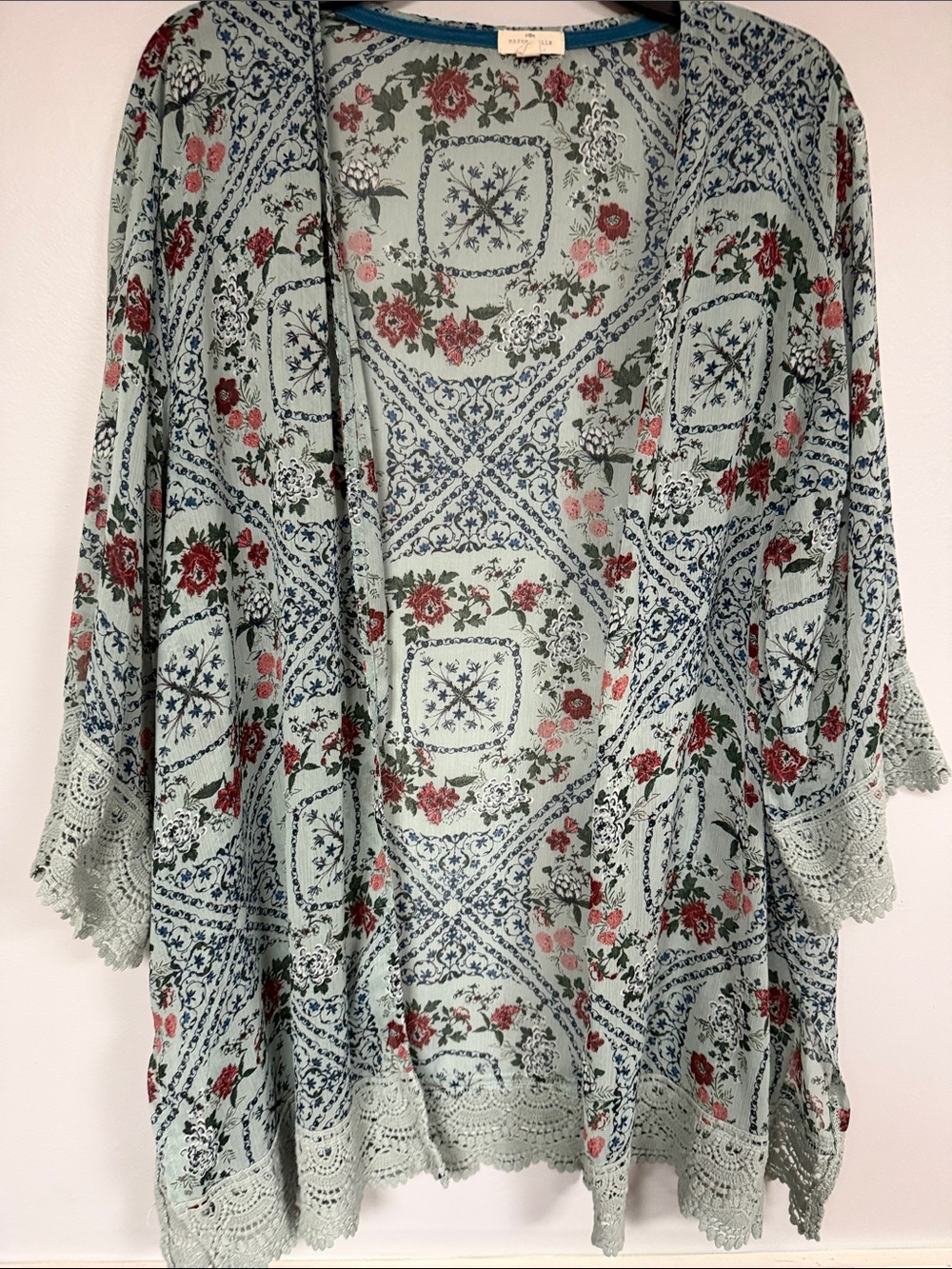 Mason & Belle Crochet Lace Trim Floral Open Front Kimono Shrug Cover Up Plus 1X